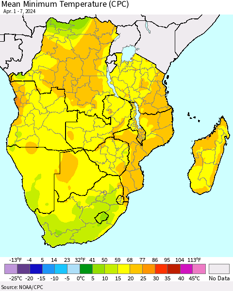 Southern Africa Mean Minimum Temperature (CPC) Thematic Map For 4/1/2024 - 4/7/2024