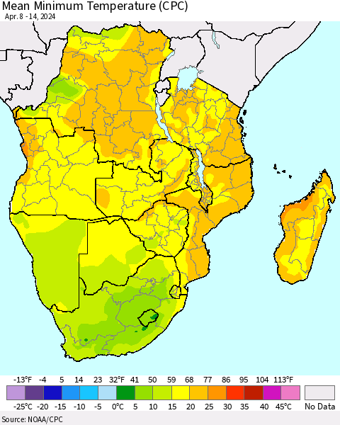 Southern Africa Mean Minimum Temperature (CPC) Thematic Map For 4/8/2024 - 4/14/2024