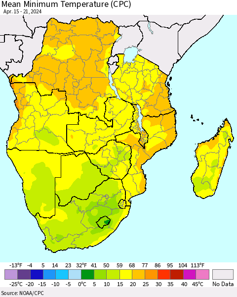 Southern Africa Mean Minimum Temperature (CPC) Thematic Map For 4/15/2024 - 4/21/2024