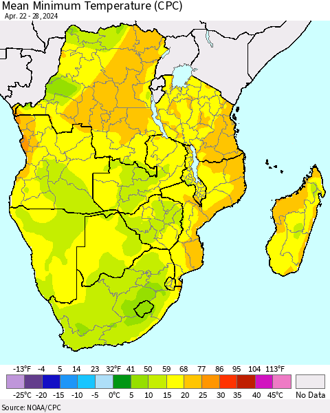 Southern Africa Mean Minimum Temperature (CPC) Thematic Map For 4/22/2024 - 4/28/2024