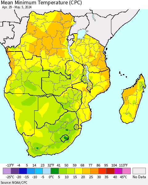 Southern Africa Mean Minimum Temperature (CPC) Thematic Map For 4/29/2024 - 5/5/2024