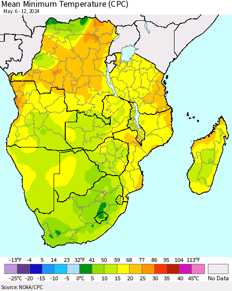 Southern Africa Mean Minimum Temperature (CPC) Thematic Map For 5/6/2024 - 5/12/2024