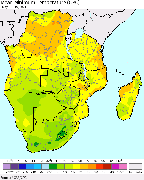 Southern Africa Mean Minimum Temperature (CPC) Thematic Map For 5/13/2024 - 5/19/2024