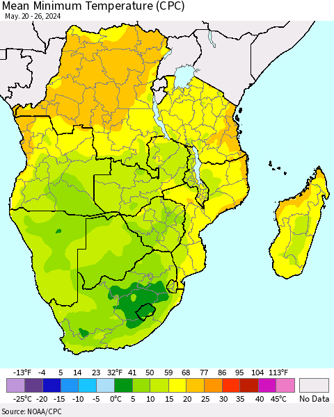 Southern Africa Mean Minimum Temperature (CPC) Thematic Map For 5/20/2024 - 5/26/2024