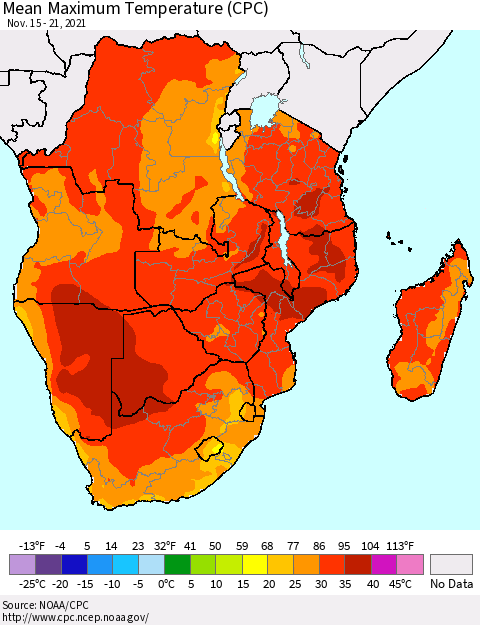Southern Africa Mean Maximum Temperature (CPC) Thematic Map For 11/15/2021 - 11/21/2021