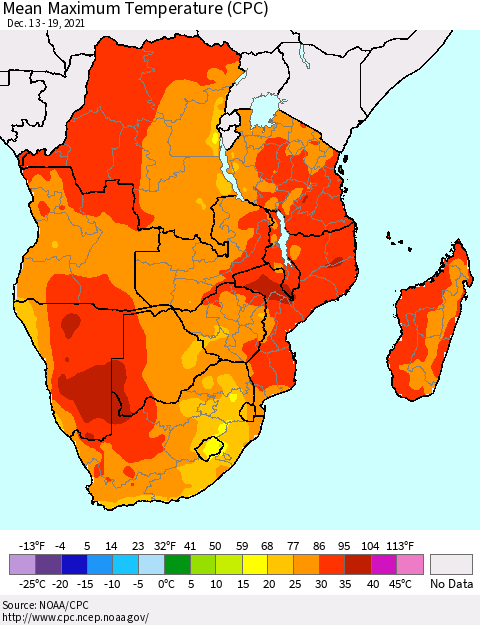 Southern Africa Mean Maximum Temperature (CPC) Thematic Map For 12/13/2021 - 12/19/2021