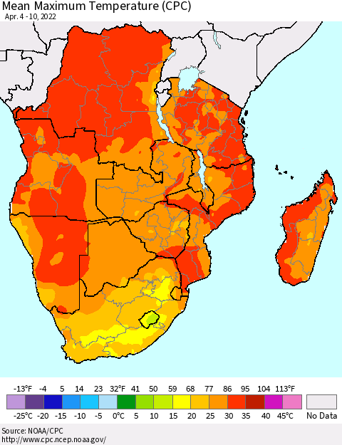Southern Africa Mean Maximum Temperature (CPC) Thematic Map For 4/4/2022 - 4/10/2022