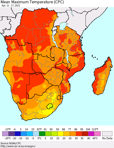 Southern Africa Mean Maximum Temperature (CPC) Thematic Map For 4/11/2022 - 4/17/2022