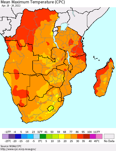 Southern Africa Mean Maximum Temperature (CPC) Thematic Map For 4/18/2022 - 4/24/2022