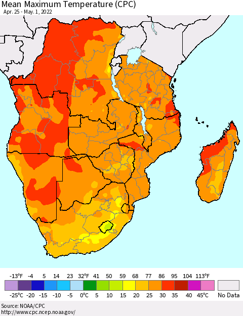 Southern Africa Mean Maximum Temperature (CPC) Thematic Map For 4/25/2022 - 5/1/2022