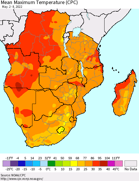 Southern Africa Mean Maximum Temperature (CPC) Thematic Map For 5/2/2022 - 5/8/2022