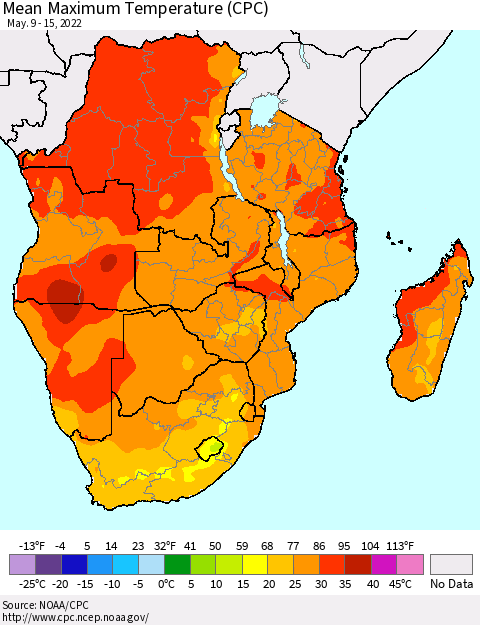 Southern Africa Mean Maximum Temperature (CPC) Thematic Map For 5/9/2022 - 5/15/2022