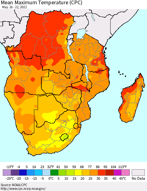 Southern Africa Mean Maximum Temperature (CPC) Thematic Map For 5/16/2022 - 5/22/2022