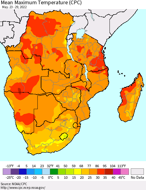 Southern Africa Mean Maximum Temperature (CPC) Thematic Map For 5/23/2022 - 5/29/2022