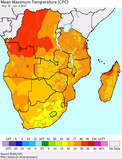 Southern Africa Mean Maximum Temperature (CPC) Thematic Map For 5/30/2022 - 6/5/2022