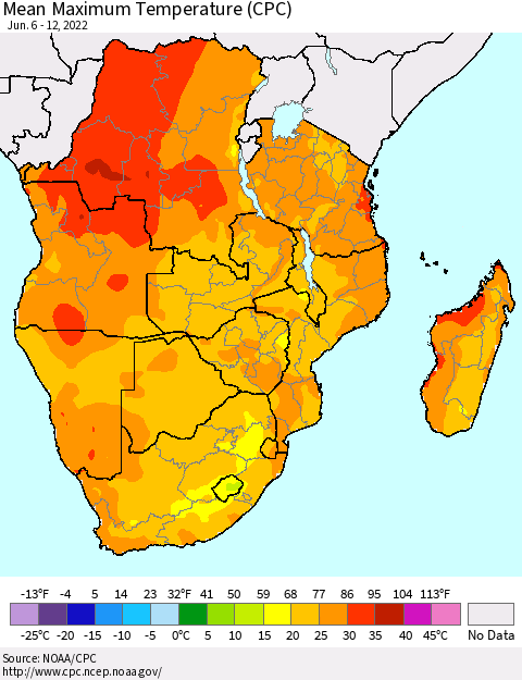 Southern Africa Mean Maximum Temperature (CPC) Thematic Map For 6/6/2022 - 6/12/2022