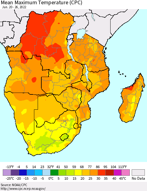 Southern Africa Mean Maximum Temperature (CPC) Thematic Map For 6/20/2022 - 6/26/2022
