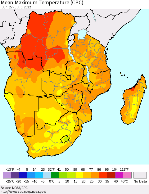 Southern Africa Mean Maximum Temperature (CPC) Thematic Map For 6/27/2022 - 7/3/2022