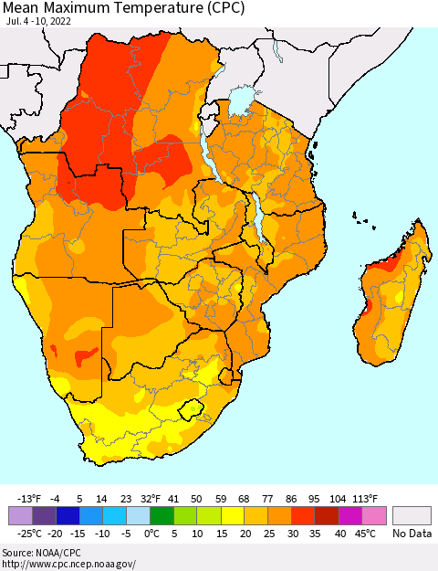 Southern Africa Mean Maximum Temperature (CPC) Thematic Map For 7/4/2022 - 7/10/2022