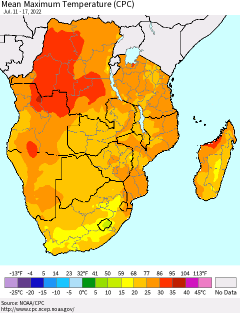 Southern Africa Mean Maximum Temperature (CPC) Thematic Map For 7/11/2022 - 7/17/2022