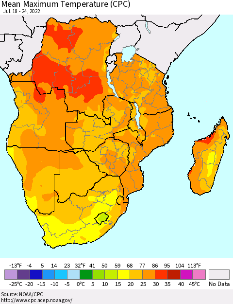 Southern Africa Mean Maximum Temperature (CPC) Thematic Map For 7/18/2022 - 7/24/2022
