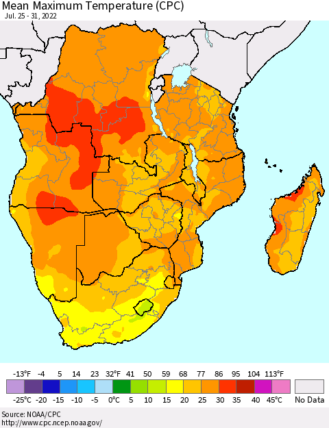 Southern Africa Mean Maximum Temperature (CPC) Thematic Map For 7/25/2022 - 7/31/2022
