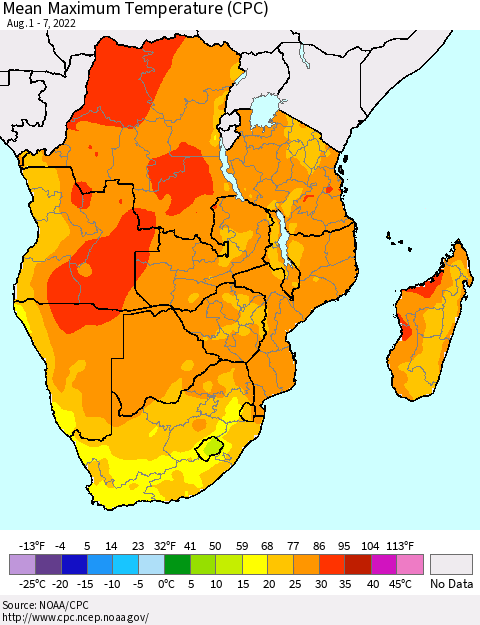 Southern Africa Mean Maximum Temperature (CPC) Thematic Map For 8/1/2022 - 8/7/2022