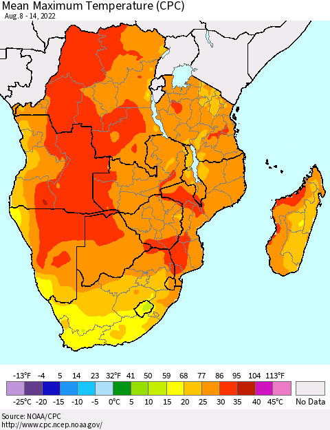 Southern Africa Mean Maximum Temperature (CPC) Thematic Map For 8/8/2022 - 8/14/2022