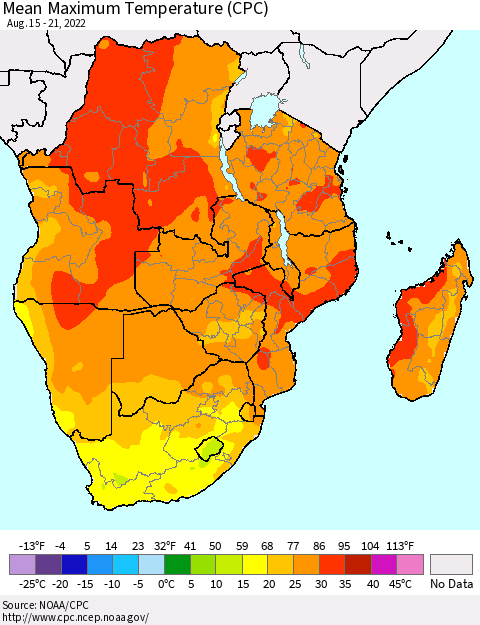 Southern Africa Mean Maximum Temperature (CPC) Thematic Map For 8/15/2022 - 8/21/2022