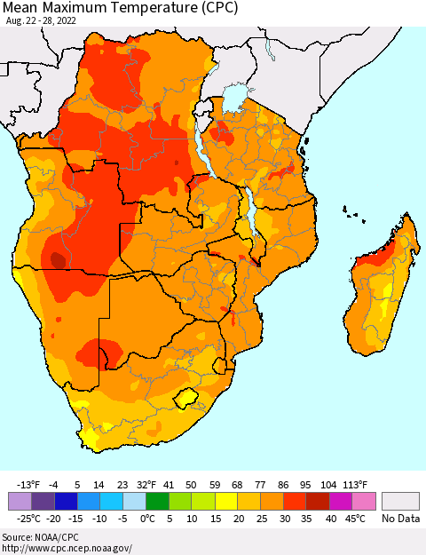 Southern Africa Mean Maximum Temperature (CPC) Thematic Map For 8/22/2022 - 8/28/2022