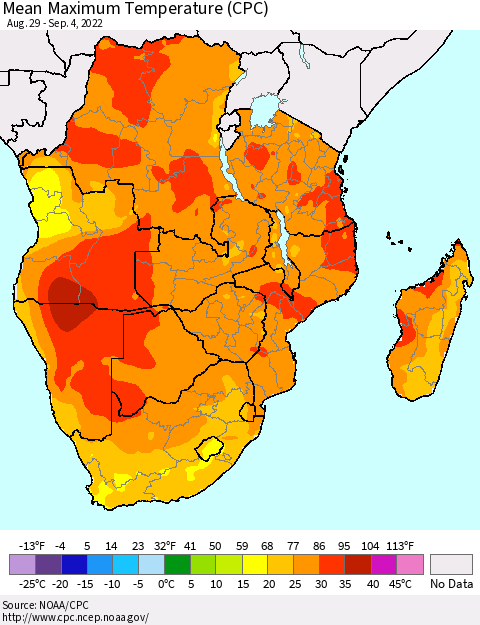 Southern Africa Mean Maximum Temperature (CPC) Thematic Map For 8/29/2022 - 9/4/2022