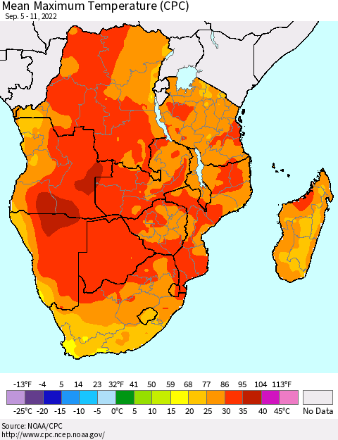 Southern Africa Mean Maximum Temperature (CPC) Thematic Map For 9/5/2022 - 9/11/2022