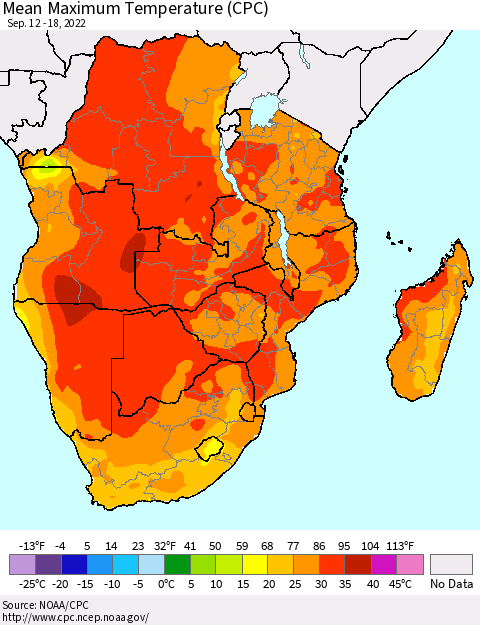 Southern Africa Mean Maximum Temperature (CPC) Thematic Map For 9/12/2022 - 9/18/2022