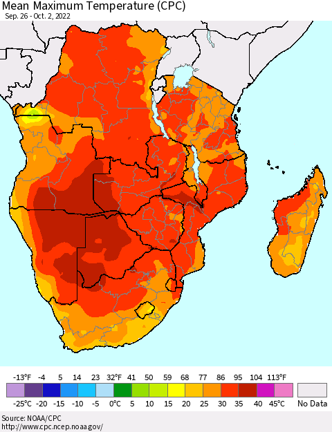 Southern Africa Mean Maximum Temperature (CPC) Thematic Map For 9/26/2022 - 10/2/2022