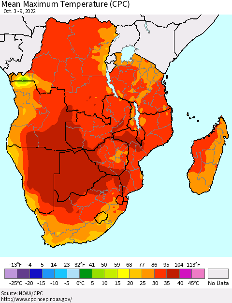 Southern Africa Mean Maximum Temperature (CPC) Thematic Map For 10/3/2022 - 10/9/2022