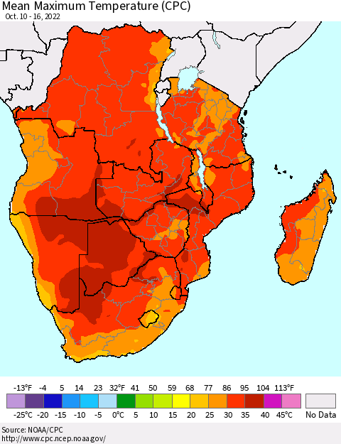 Southern Africa Mean Maximum Temperature (CPC) Thematic Map For 10/10/2022 - 10/16/2022