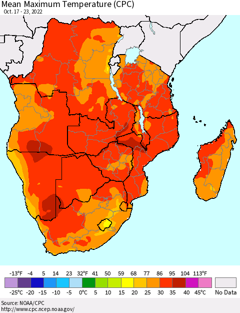 Southern Africa Mean Maximum Temperature (CPC) Thematic Map For 10/17/2022 - 10/23/2022