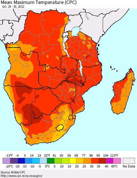 Southern Africa Mean Maximum Temperature (CPC) Thematic Map For 10/24/2022 - 10/30/2022