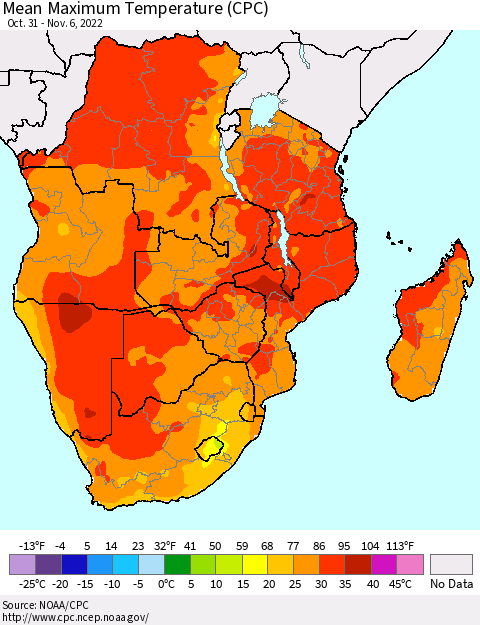 Southern Africa Mean Maximum Temperature (CPC) Thematic Map For 10/31/2022 - 11/6/2022