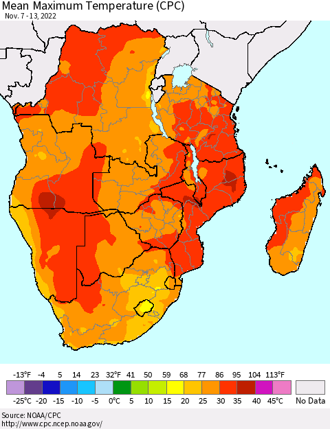 Southern Africa Mean Maximum Temperature (CPC) Thematic Map For 11/7/2022 - 11/13/2022