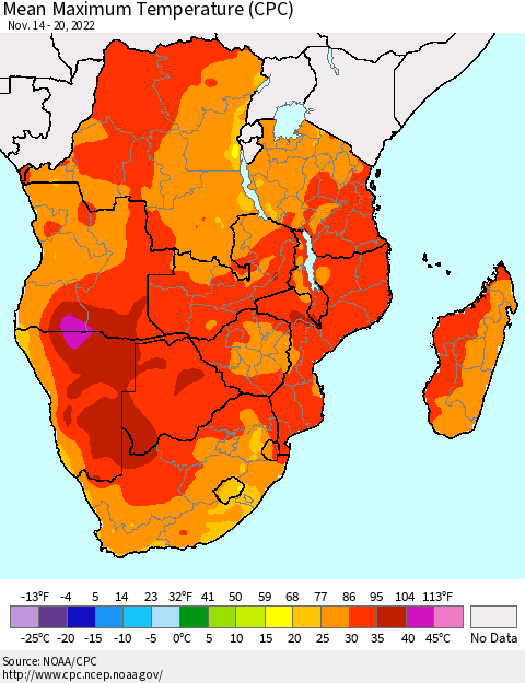 Southern Africa Mean Maximum Temperature (CPC) Thematic Map For 11/14/2022 - 11/20/2022