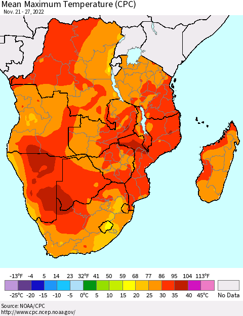 Southern Africa Mean Maximum Temperature (CPC) Thematic Map For 11/21/2022 - 11/27/2022