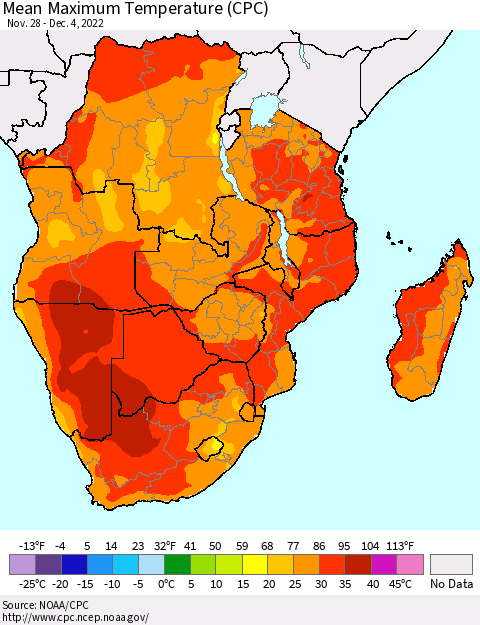 Southern Africa Mean Maximum Temperature (CPC) Thematic Map For 11/28/2022 - 12/4/2022