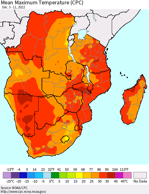 Southern Africa Mean Maximum Temperature (CPC) Thematic Map For 12/5/2022 - 12/11/2022