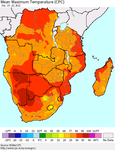 Southern Africa Mean Maximum Temperature (CPC) Thematic Map For 12/19/2022 - 12/25/2022