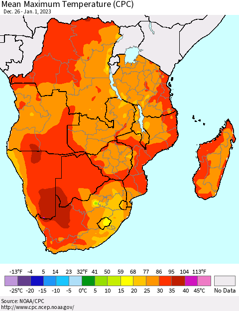 Southern Africa Mean Maximum Temperature (CPC) Thematic Map For 12/26/2022 - 1/1/2023