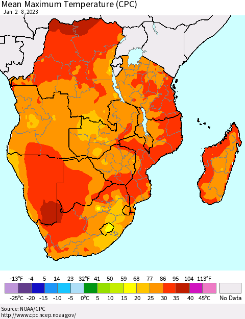 Southern Africa Mean Maximum Temperature (CPC) Thematic Map For 1/2/2023 - 1/8/2023
