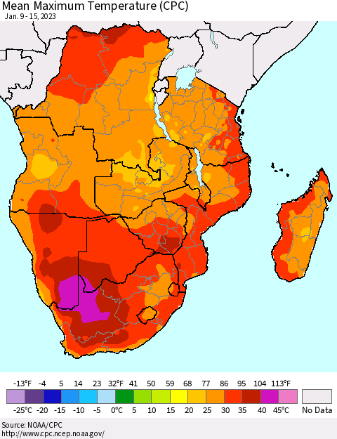 Southern Africa Mean Maximum Temperature (CPC) Thematic Map For 1/9/2023 - 1/15/2023