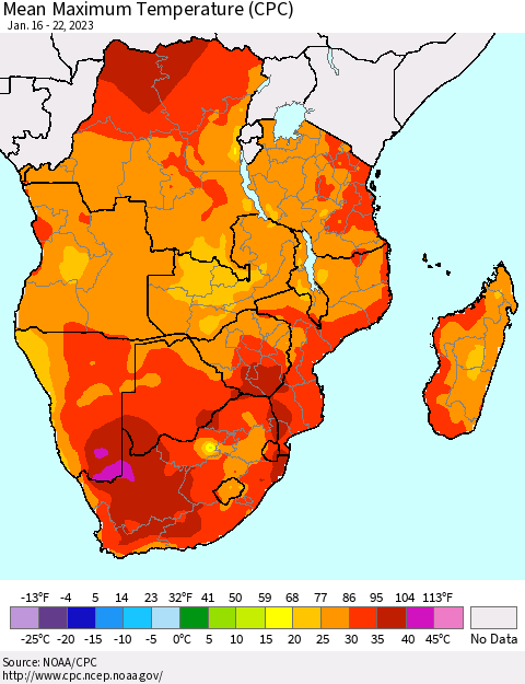 Southern Africa Mean Maximum Temperature (CPC) Thematic Map For 1/16/2023 - 1/22/2023