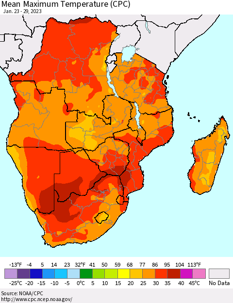 Southern Africa Mean Maximum Temperature (CPC) Thematic Map For 1/23/2023 - 1/29/2023